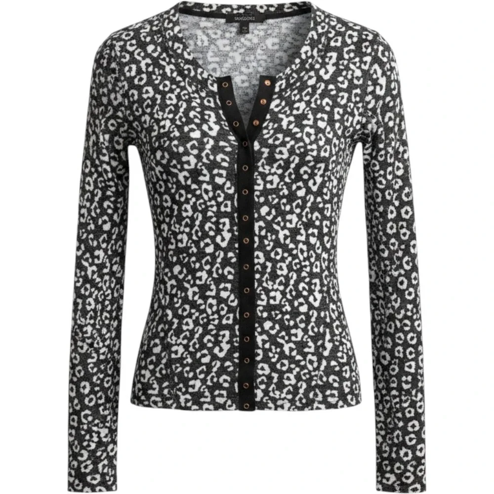 Free People Going Places Cardi Leopard Print Waffle Knit Snap Front Gray Large